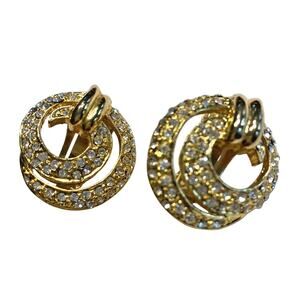 Dressy Vintage Clip On Earrings Gold & Clear White Rhinestone Swirls Chic 90's